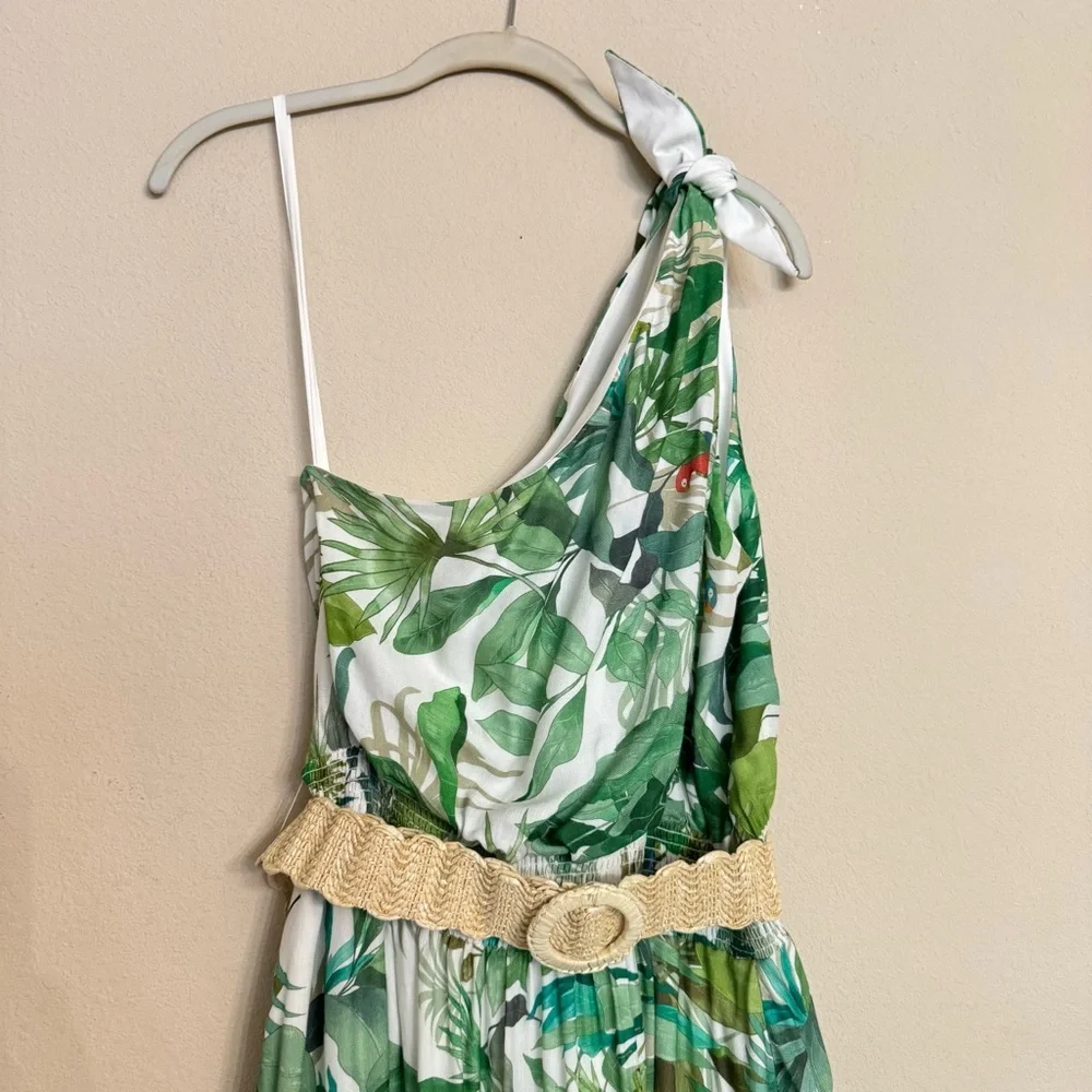 Antonio Melani LINEN Blend Selene Tropical Print One Shoulder Belted Dress Sz 12 - Picture 4 of 16